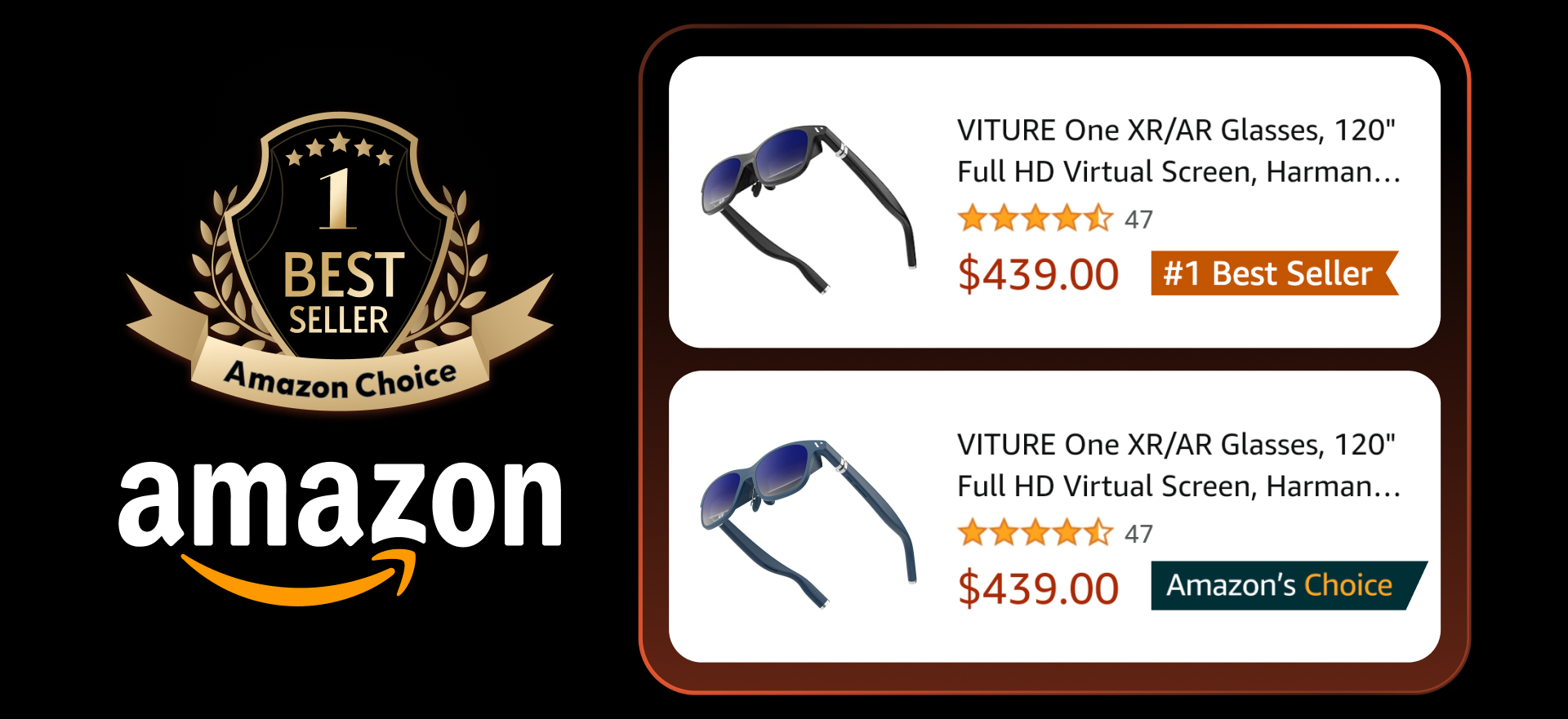 In less than 30 days of its launch on Amazon, VITURE One XR Glasses earned the Amazon's Choice badge and became the #1 Best Seller in their category.
